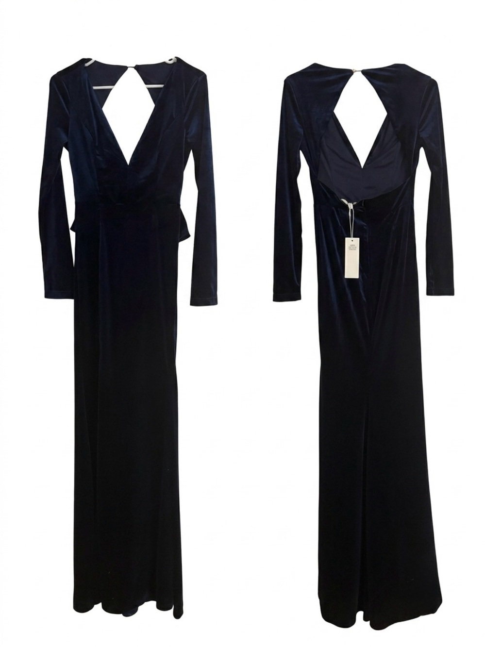 Elegant Long Sleeve V-Back Velvet Maxi Dress - Navy